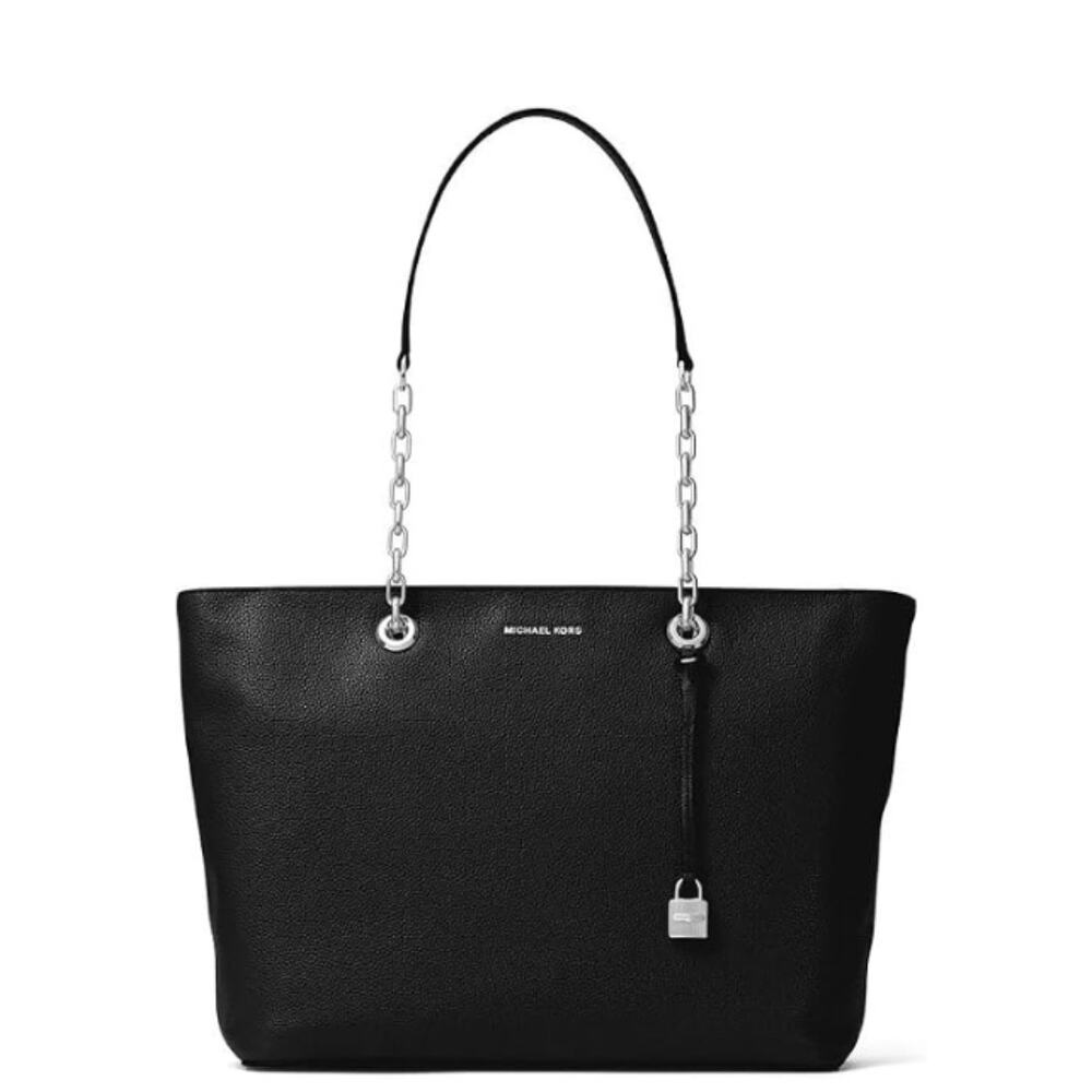 Michael Kors Mercer Chain-Link Leather Tote Bag Black Silver Padlock